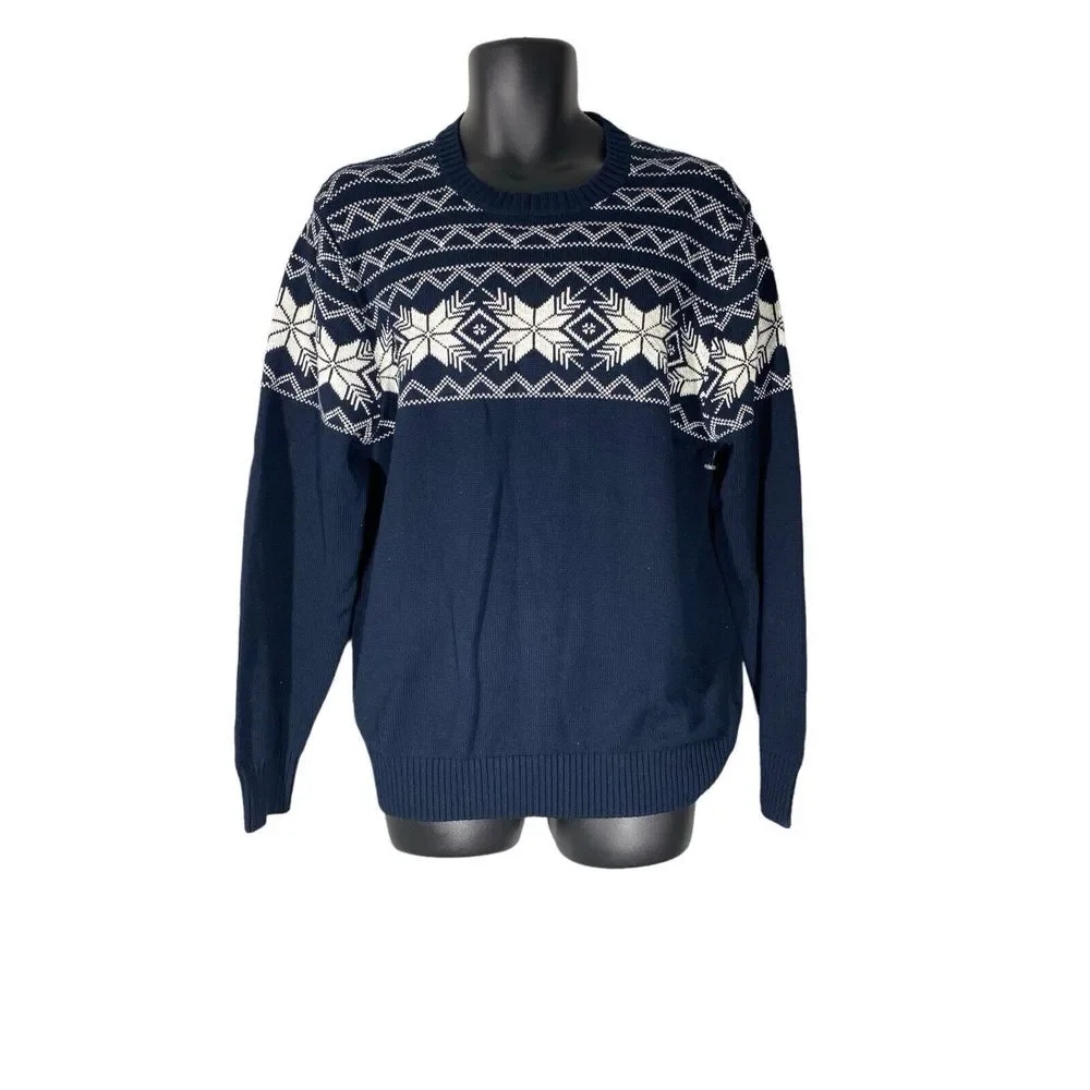 Weatherproof Mens Fair Isle Sweater Navy Fair Isle Crew-neck‎ Sweater Size Large